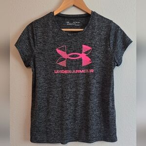 Under Armour Heat Gear Girl's Charcoal Tee with Neon Pink Logo